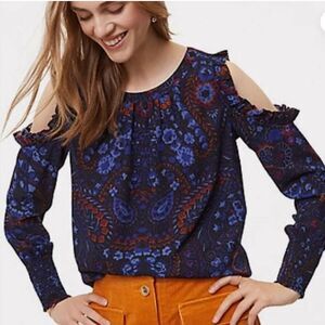 NWT Loft Petites S Blue Purple Floral Paisley Cold Shoulder Ruffle Ruched Blouse